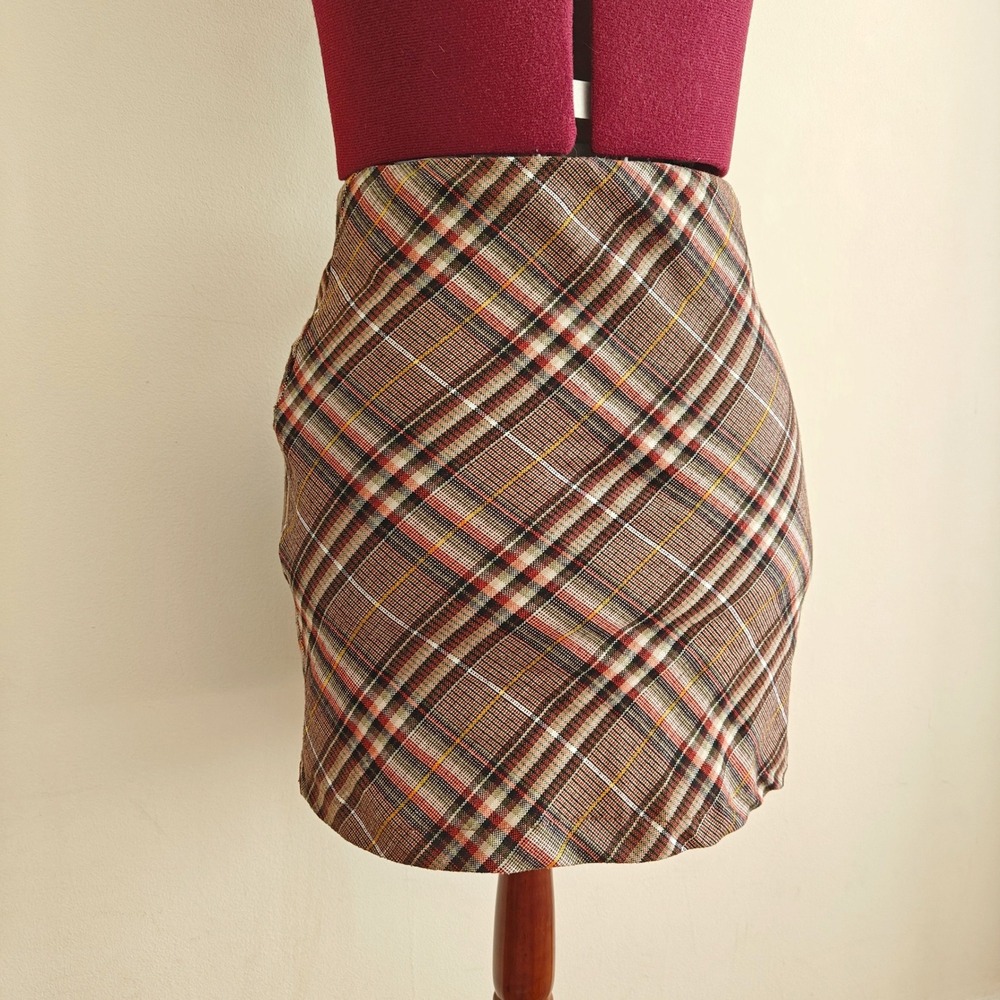 Princess Polly Brown Plaid O-Ring Zipper Mini Skirt Womens Size 2 US High Waist